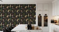 Kitchen wall in mushrooms and fir trees wallpaper on a dark woodland ground