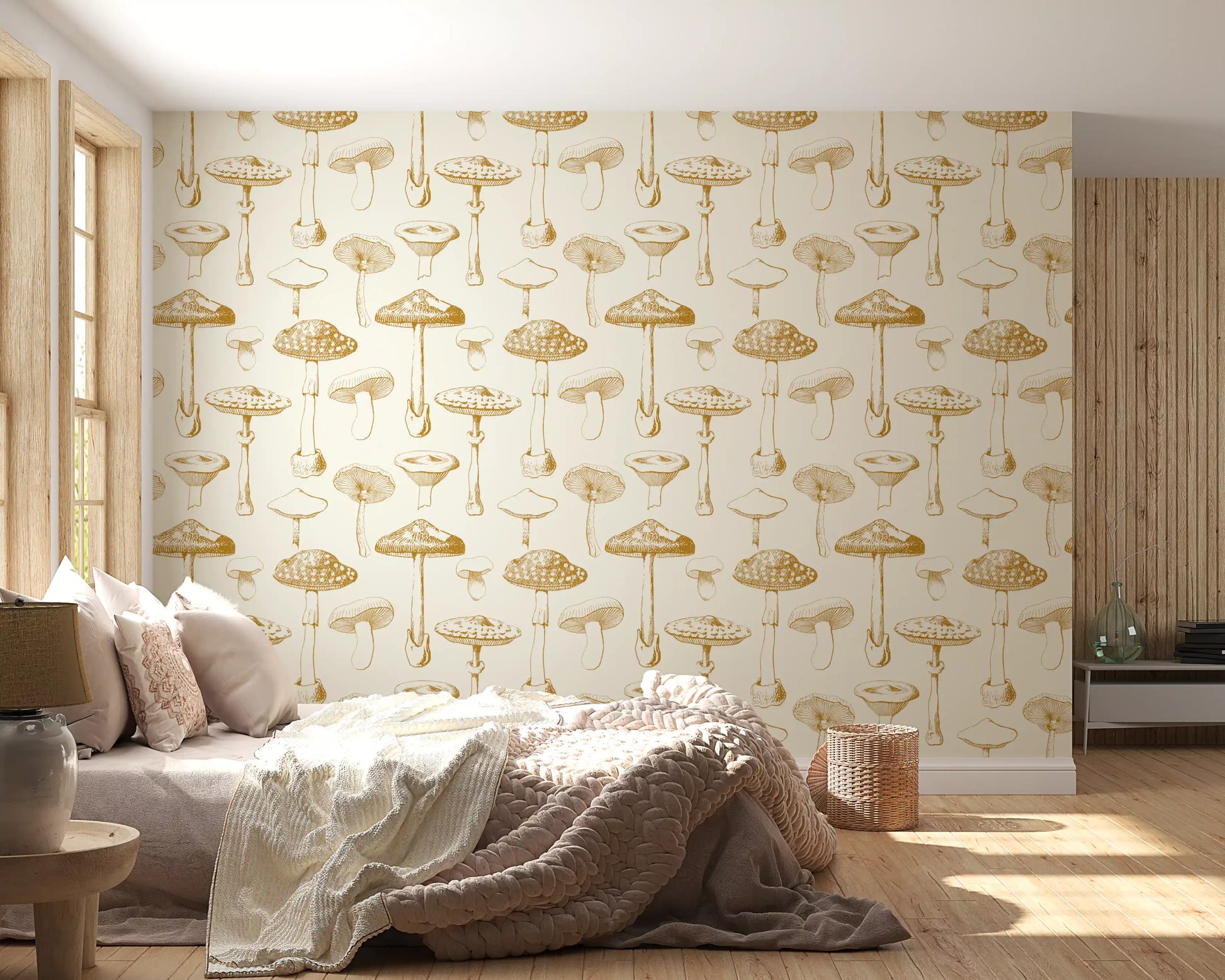 Antique-style line art defines Mushroom Sketchbook wallpaper with airy spacing