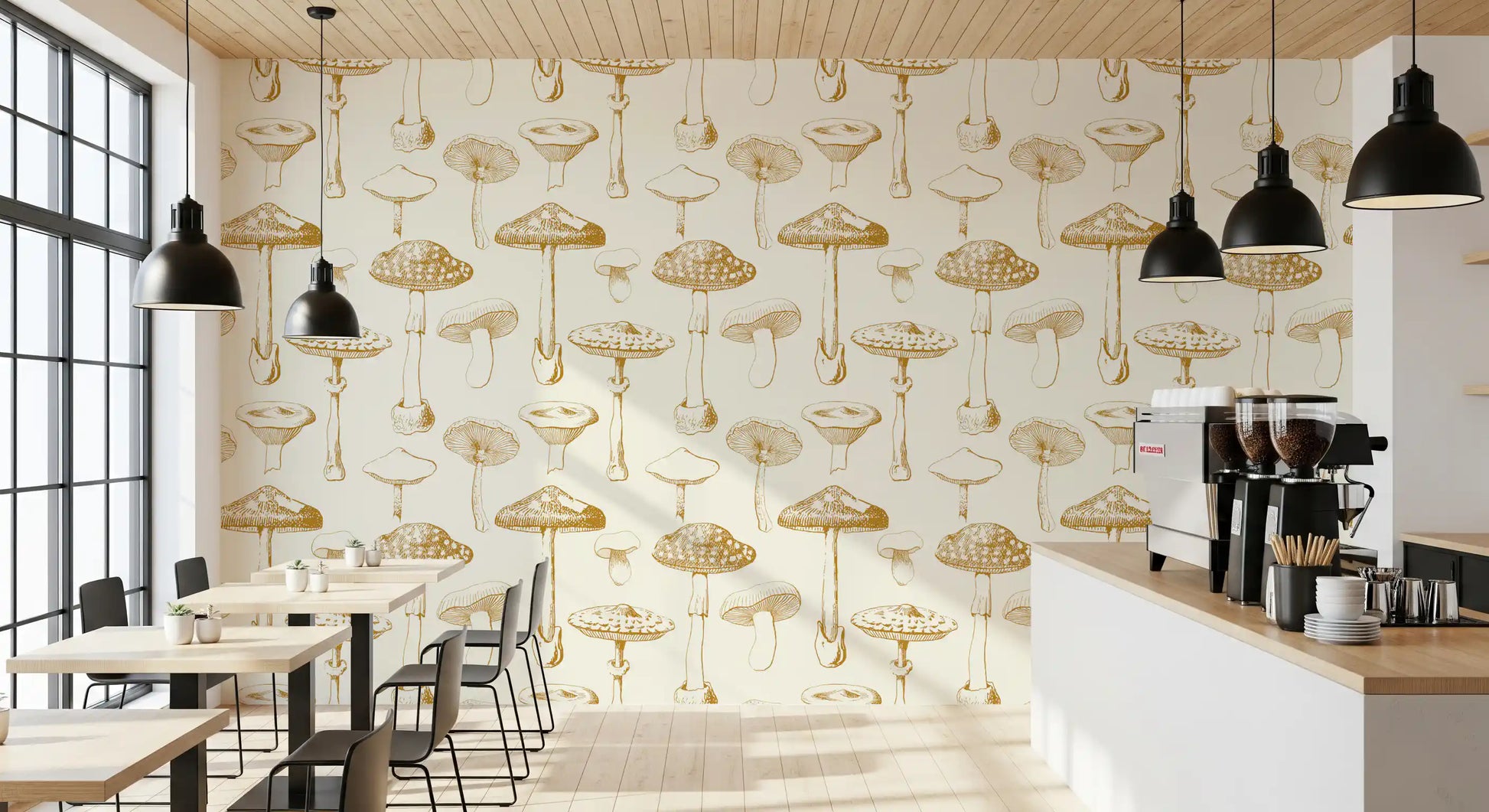 Fine fungi studies shape Golden Mushroom wallpaper on a soft neutral ground