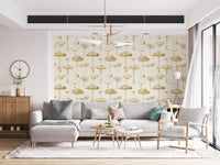 Living room Golden Mushroom Sketchbook wallpaper with hand-drawn fungi outlines