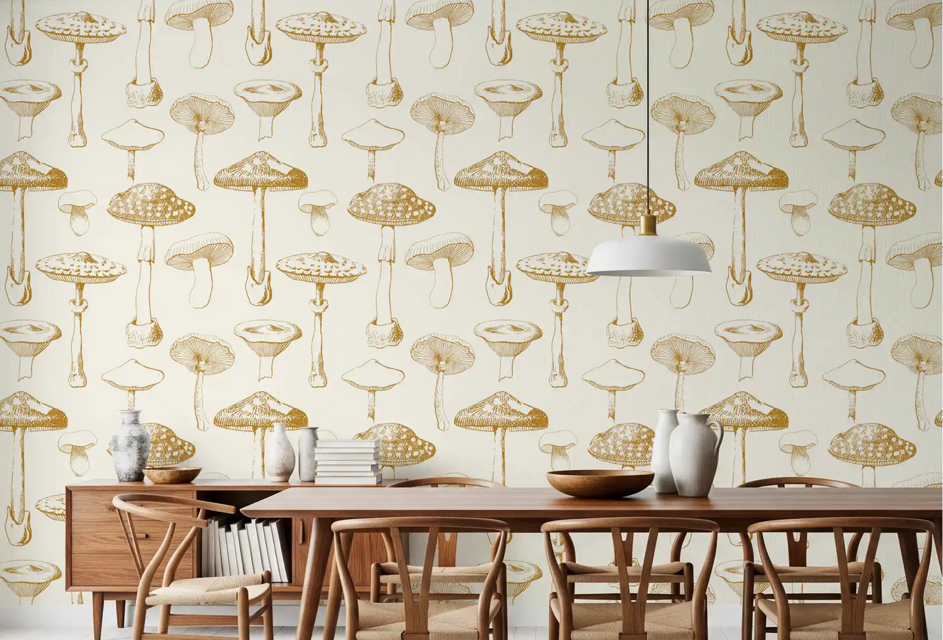 Dining room Sketchbook Wallpaper with illustrated mushroom forms in ochre tones