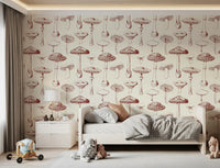 Bedroom wall in Mushroom Grove wallpaper with vintage botanical sketch detail
