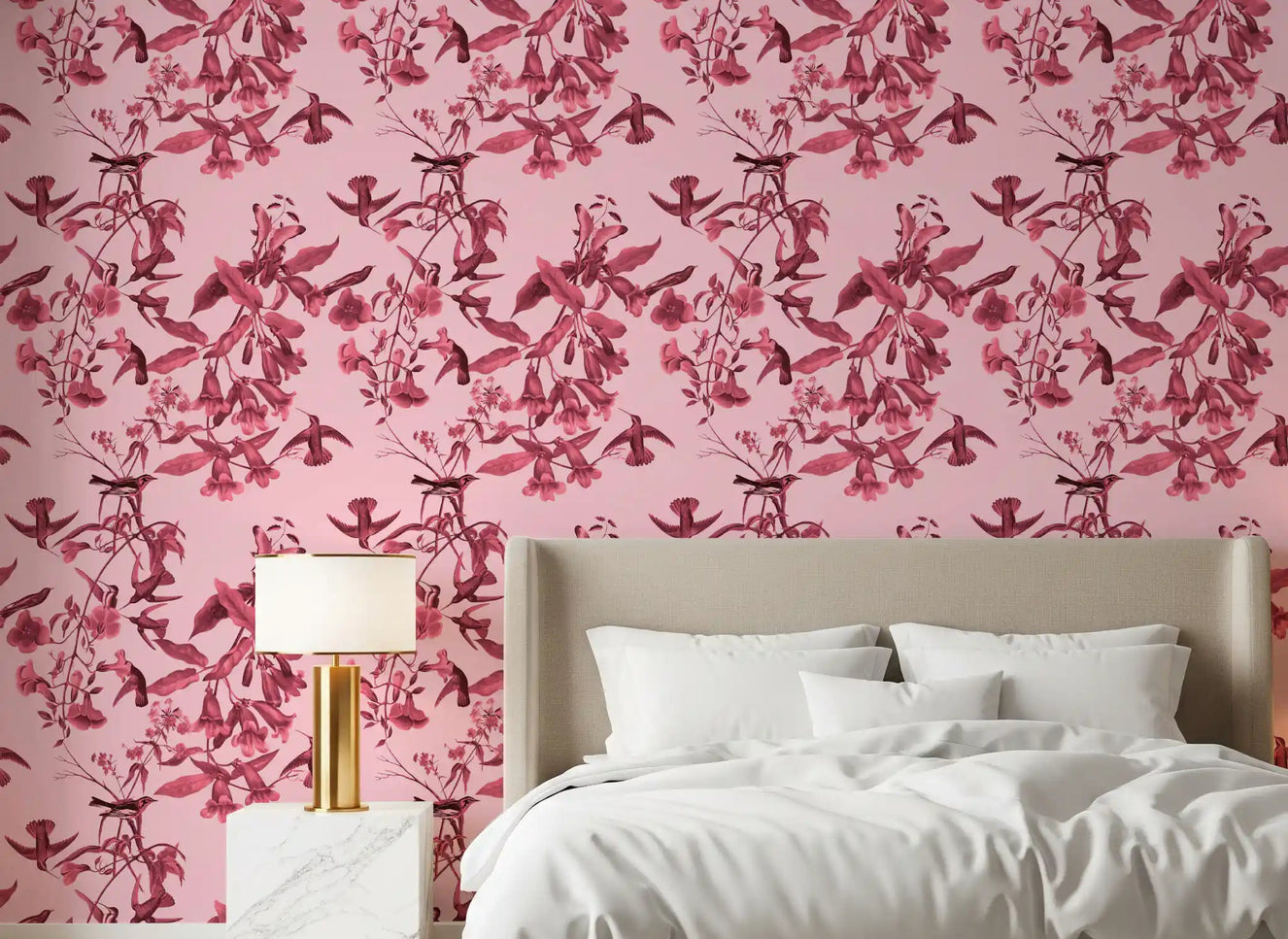 Bedroom Botanical Flight wallpaper in deep magenta floral bird pattern