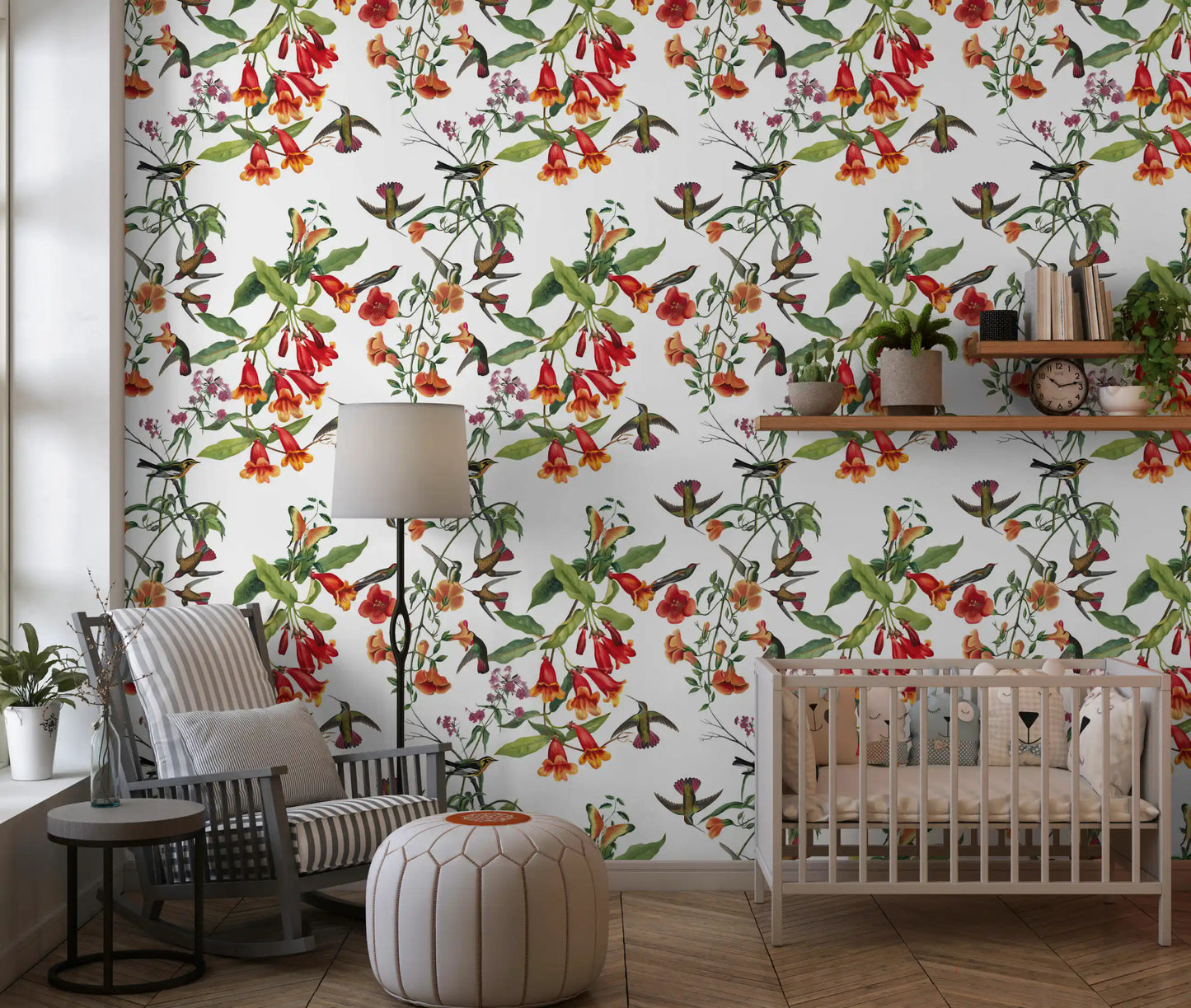 Kids room Garden Birds Flowers wallpaper with exotic blossoms and birds