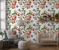 Kids room Garden Birds Flowers wallpaper with exotic blossoms and birds
