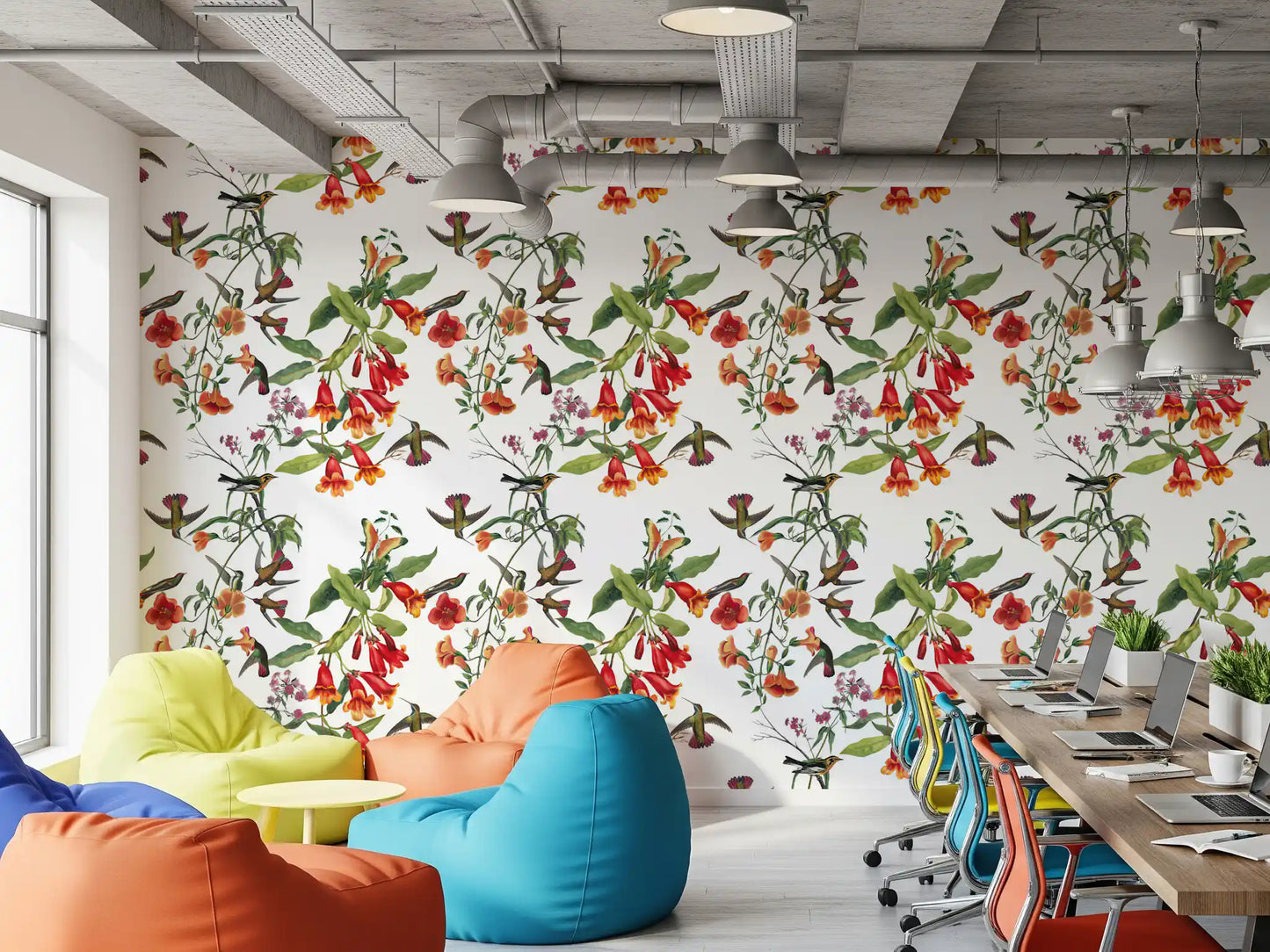 Office Exotic Birds Wallpaper with red trumpet blooms and bird detail