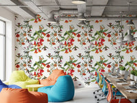 Office Exotic Birds Wallpaper with red trumpet blooms and bird detail
