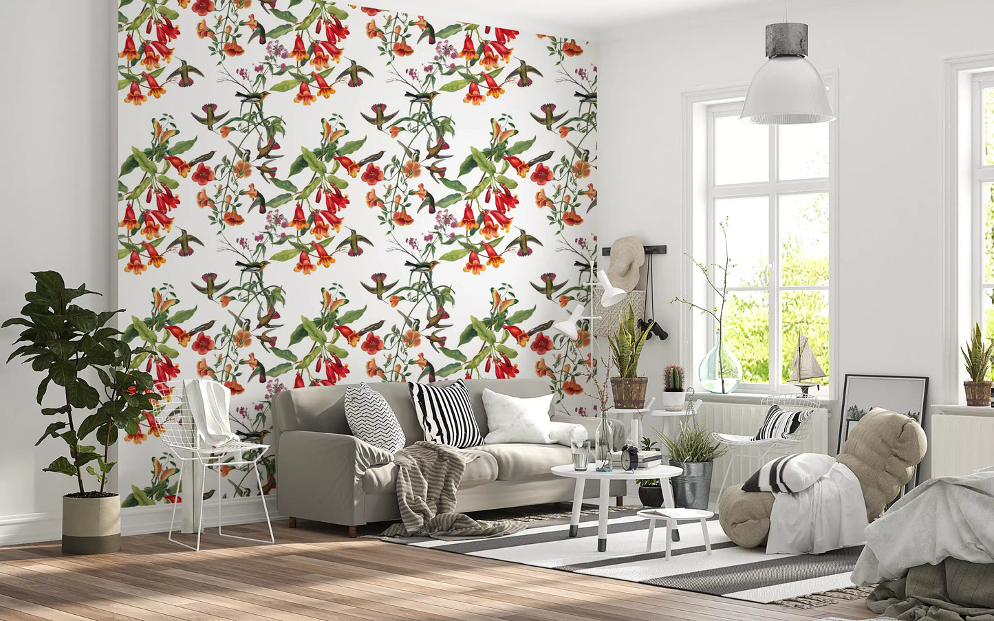 Hummingbirds hover across Garden Birds Wallpaper with tropical petals