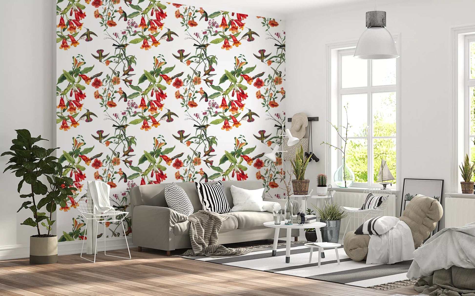Hummingbirds hover across Garden Birds Wallpaper with tropical petals