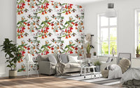 Hummingbirds hover across Garden Birds Wallpaper with tropical petals