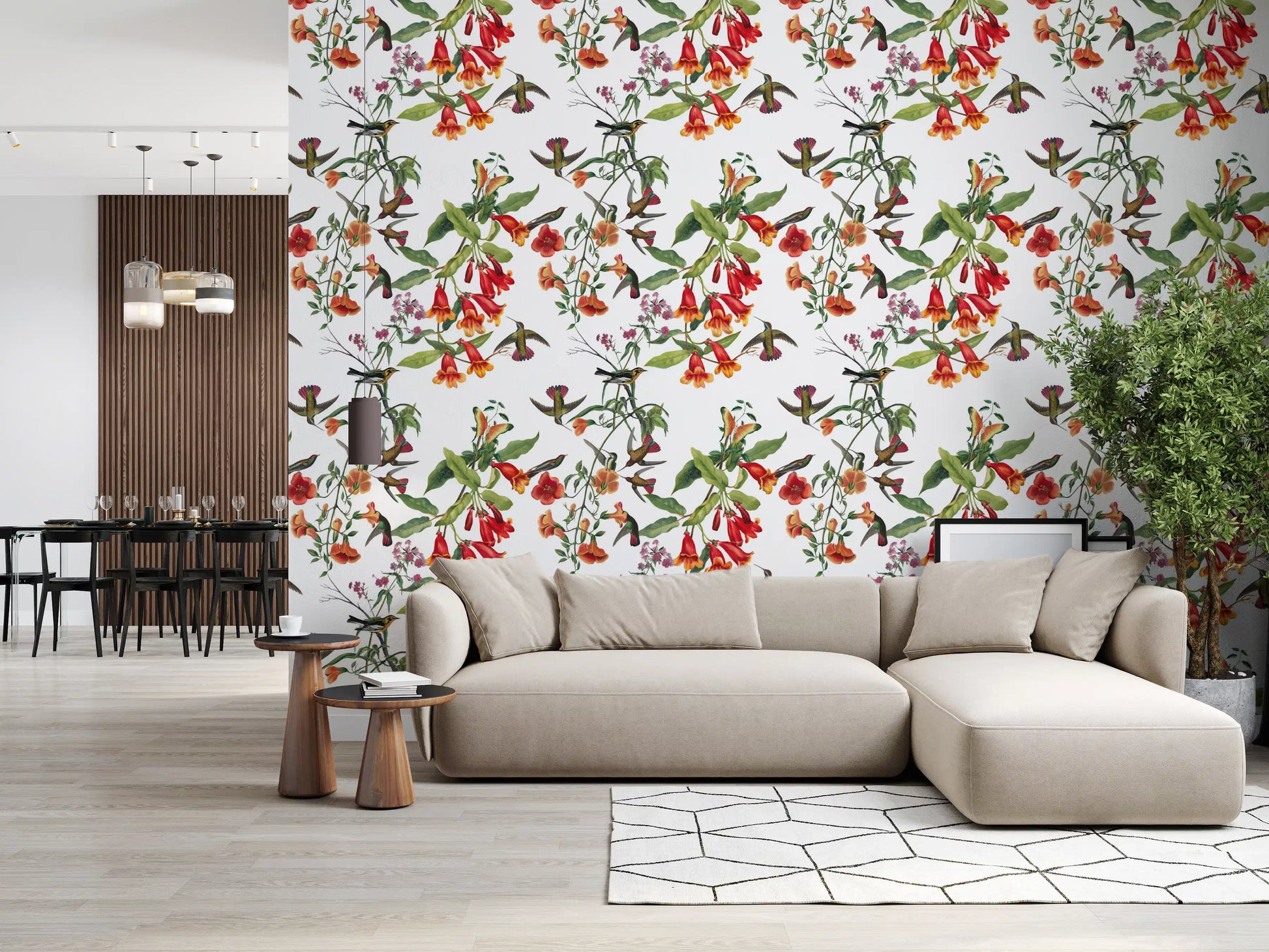 Flowing vines shape Exotic Garden wallpaper with bright floral accents