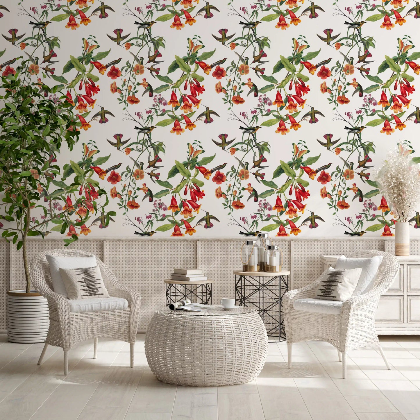 Soft green leaves frame Exotic Birds wallpaper in airy botanical style