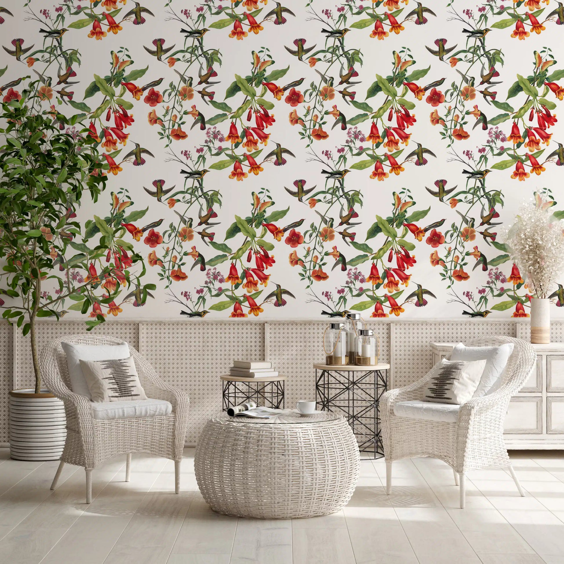 Soft green leaves frame Exotic Birds wallpaper in airy botanical style