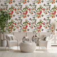 Soft green leaves frame Exotic Birds wallpaper in airy botanical style