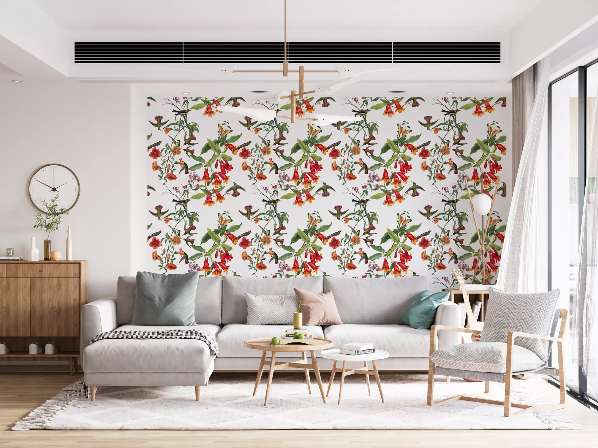 Detailed blooms enrich Tropical Flowers wallpaper with bird motifs