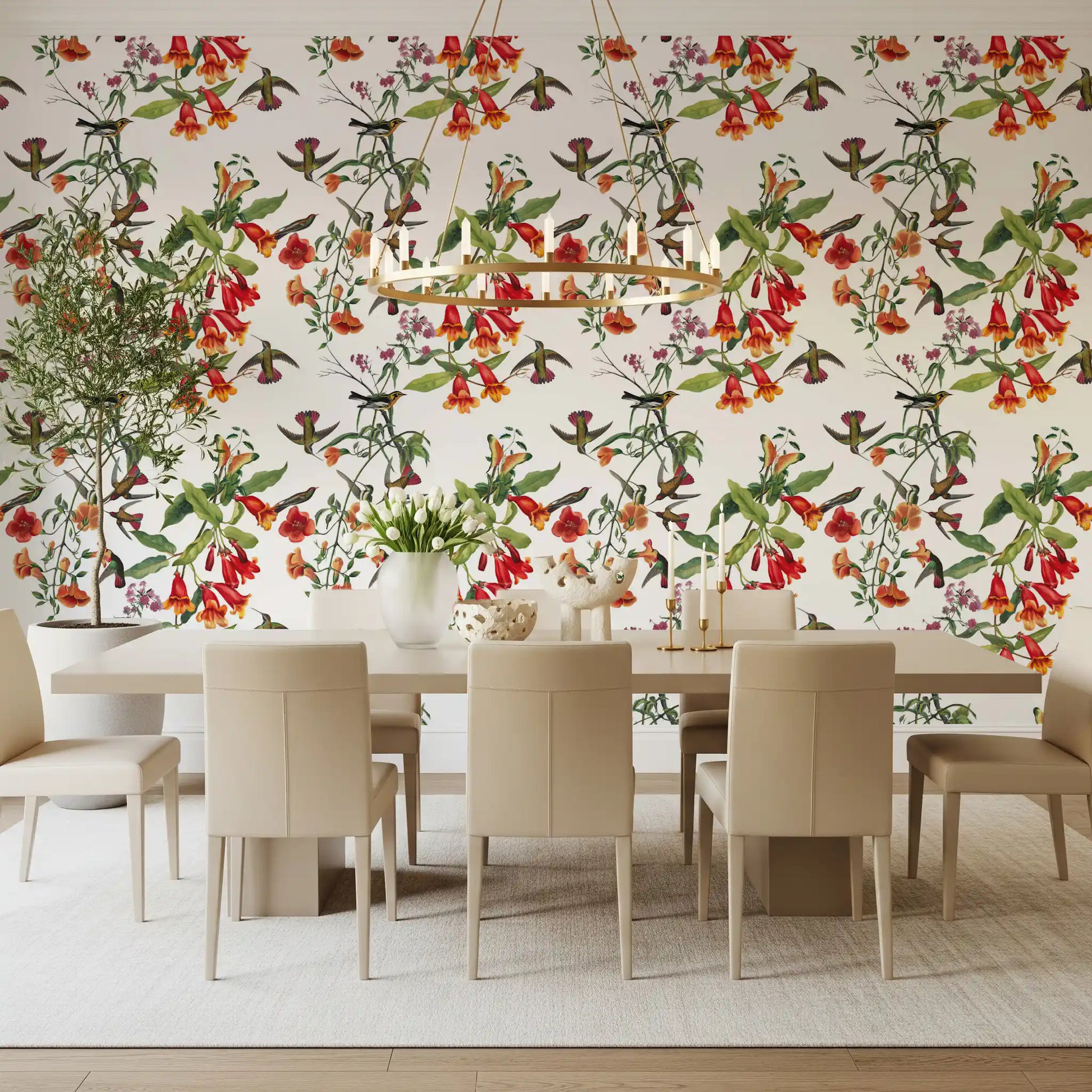 Decorative wildlife pattern on Garden Birds wallpaper with vivid flowers
