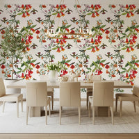 Decorative wildlife pattern on Garden Birds wallpaper with vivid flowers