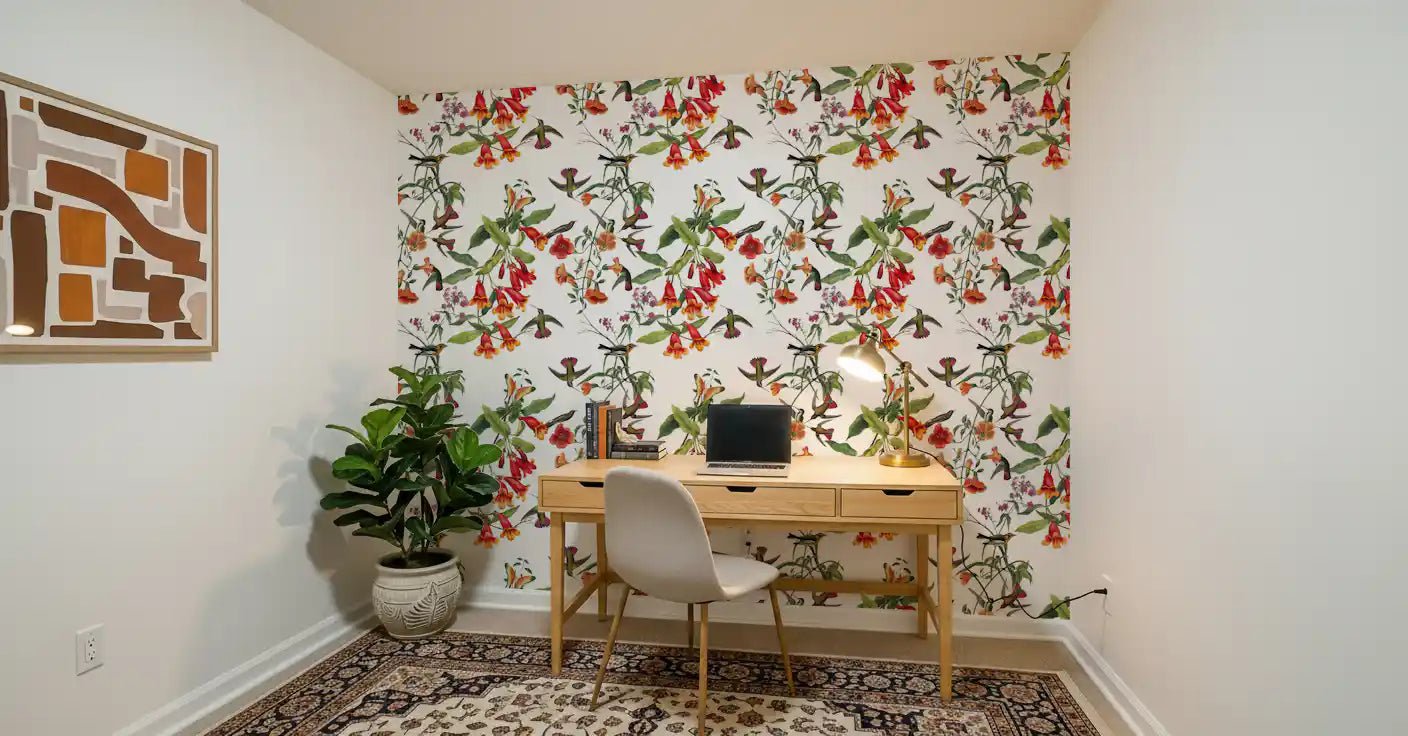 Office area Tropical Flowers Wallpaper with garden birds and leafy stems