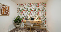 Office area Tropical Flowers Wallpaper with garden birds and leafy stems