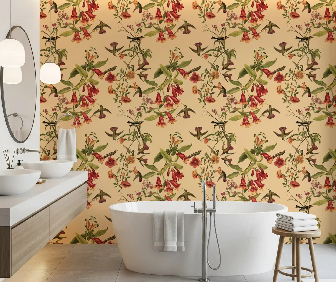 Bathroom Tropical Flowers and Hummingbirds Vintage Style Wallpaper with coral blooms