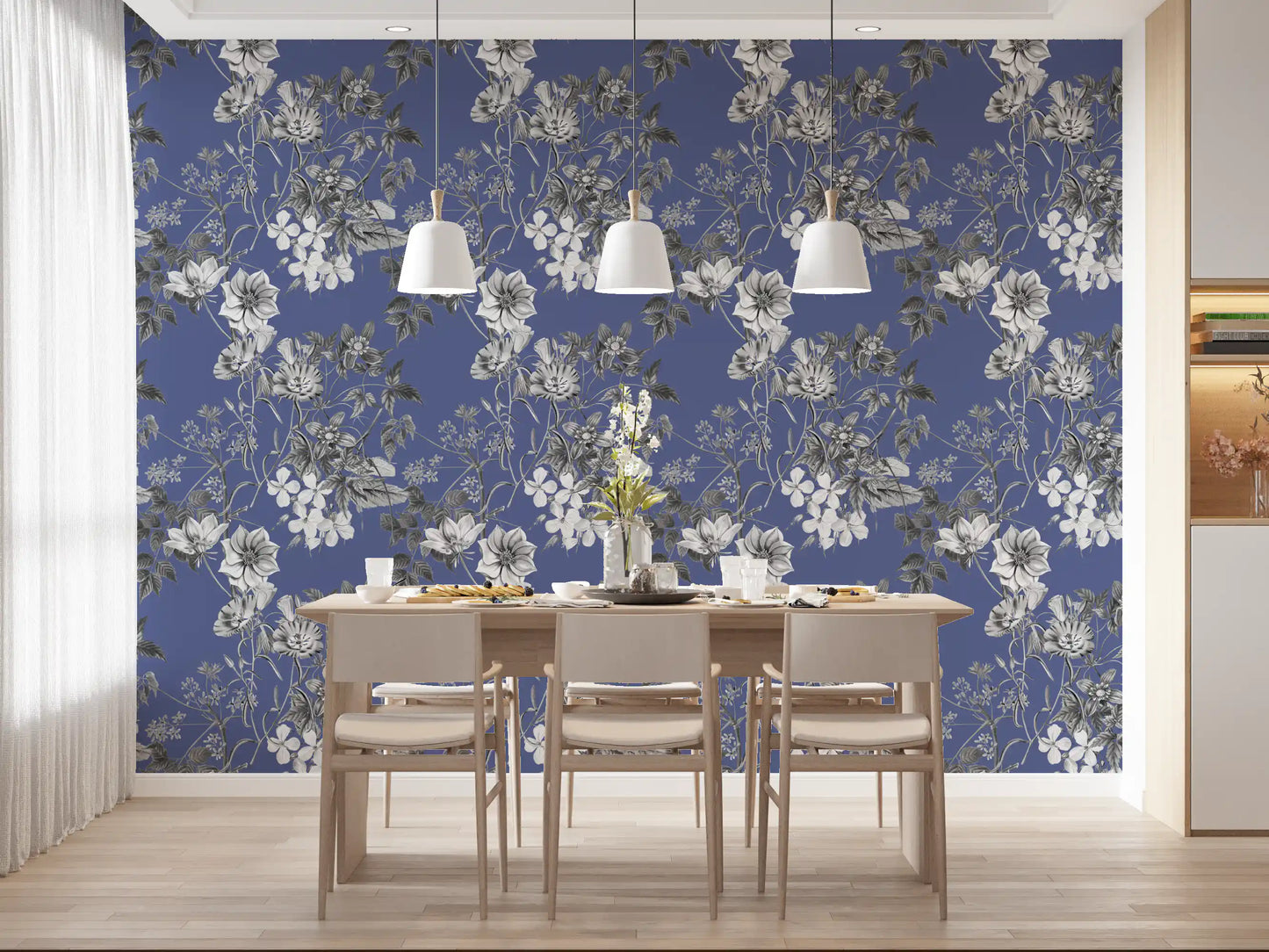 Blue background carries Botanical Vinca flowers in fine linework