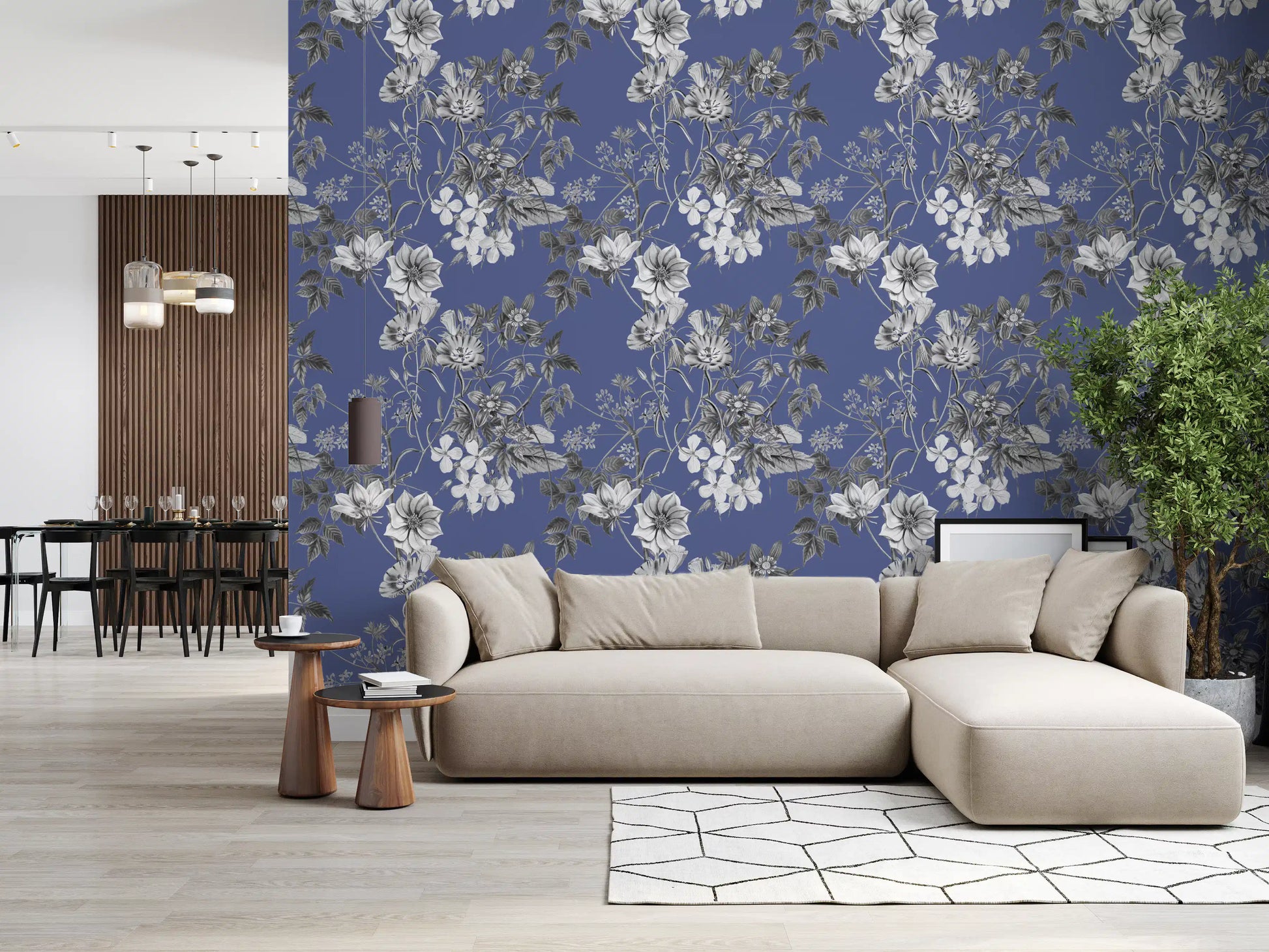 Vinca Blue wallpaper appears in living room styling with grey floral art