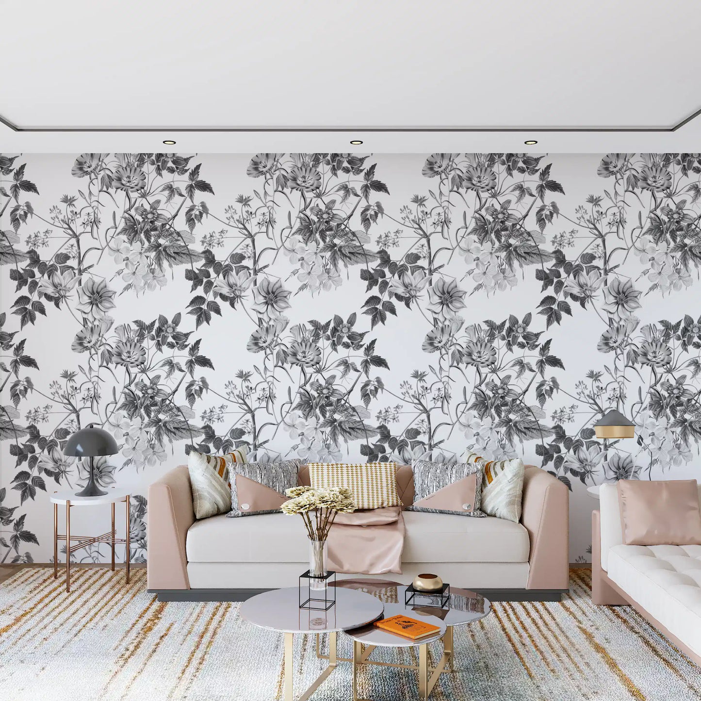 Black and white wallpaper with Monochromatic Botanical floral artwork