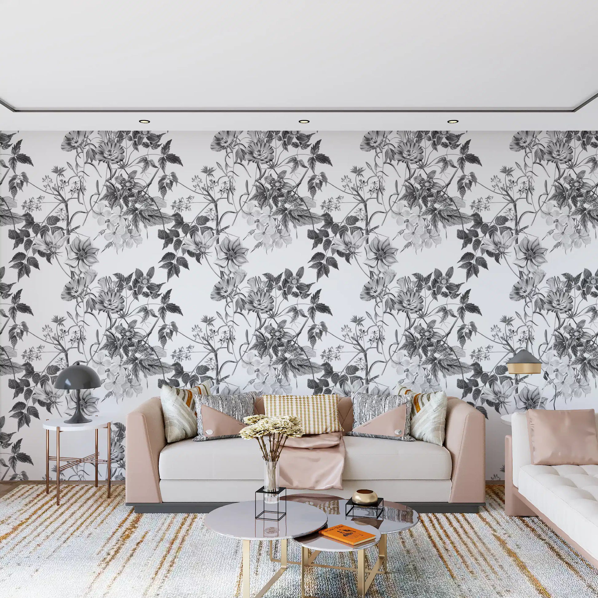 Black and white wallpaper with Monochromatic Botanical floral artwork