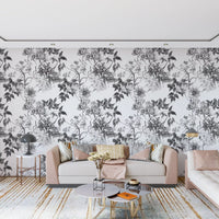 Black and white wallpaper with Monochromatic Botanical floral artwork