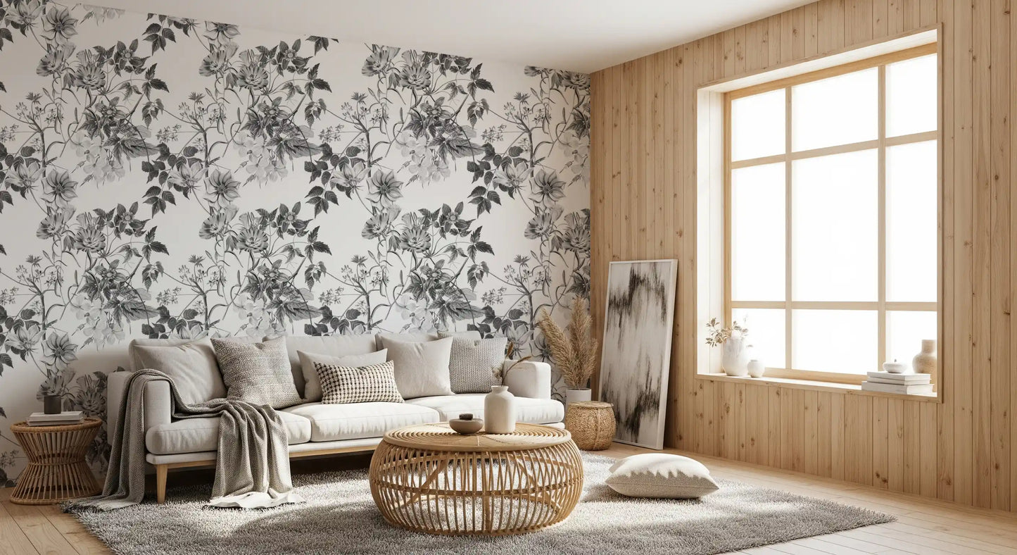 Living room Monochrome floral wallpaper featuring sketched botanicals