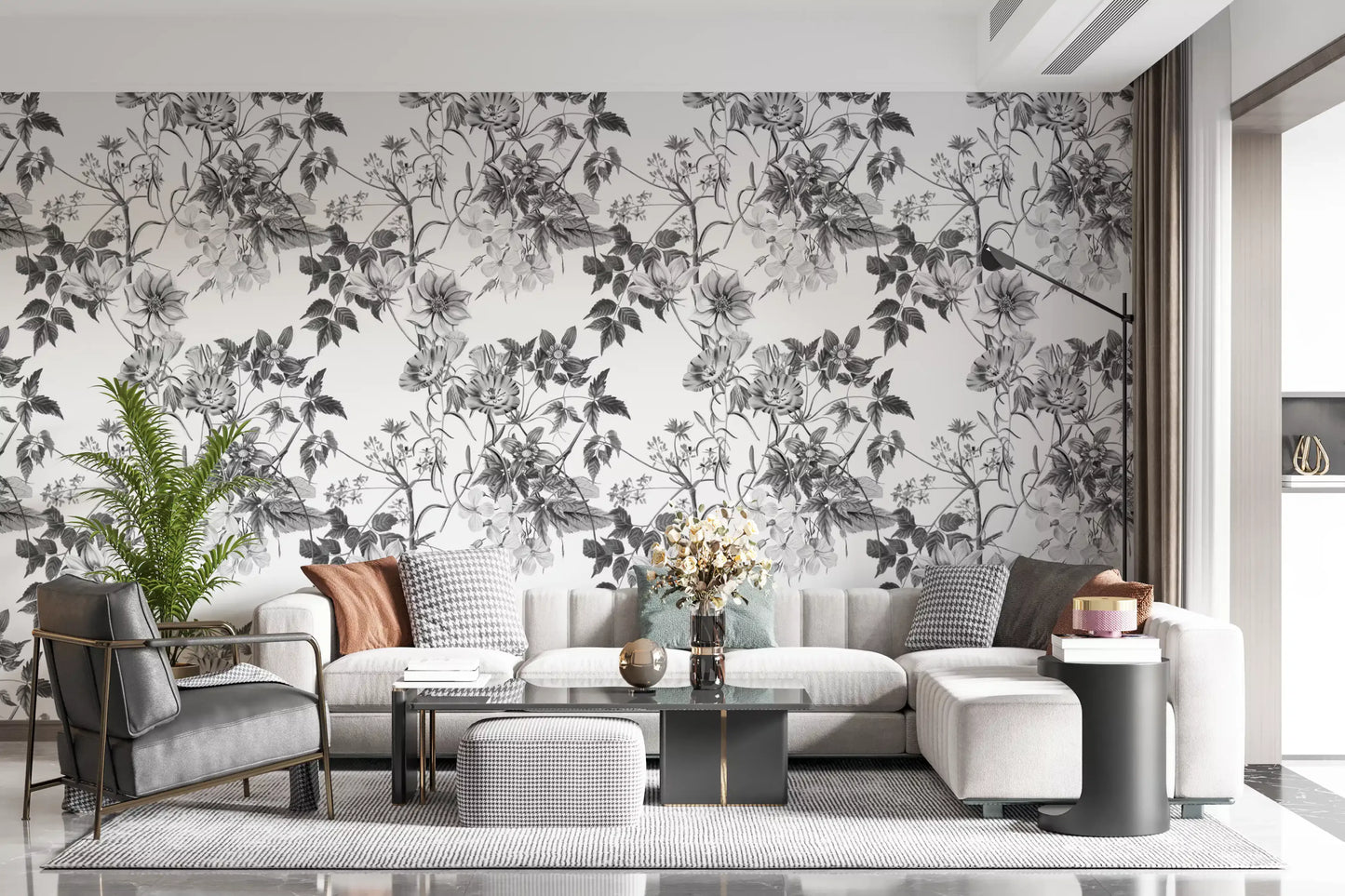 Monochrome leaf wallpaper with Monochromatic Botanical flower detail