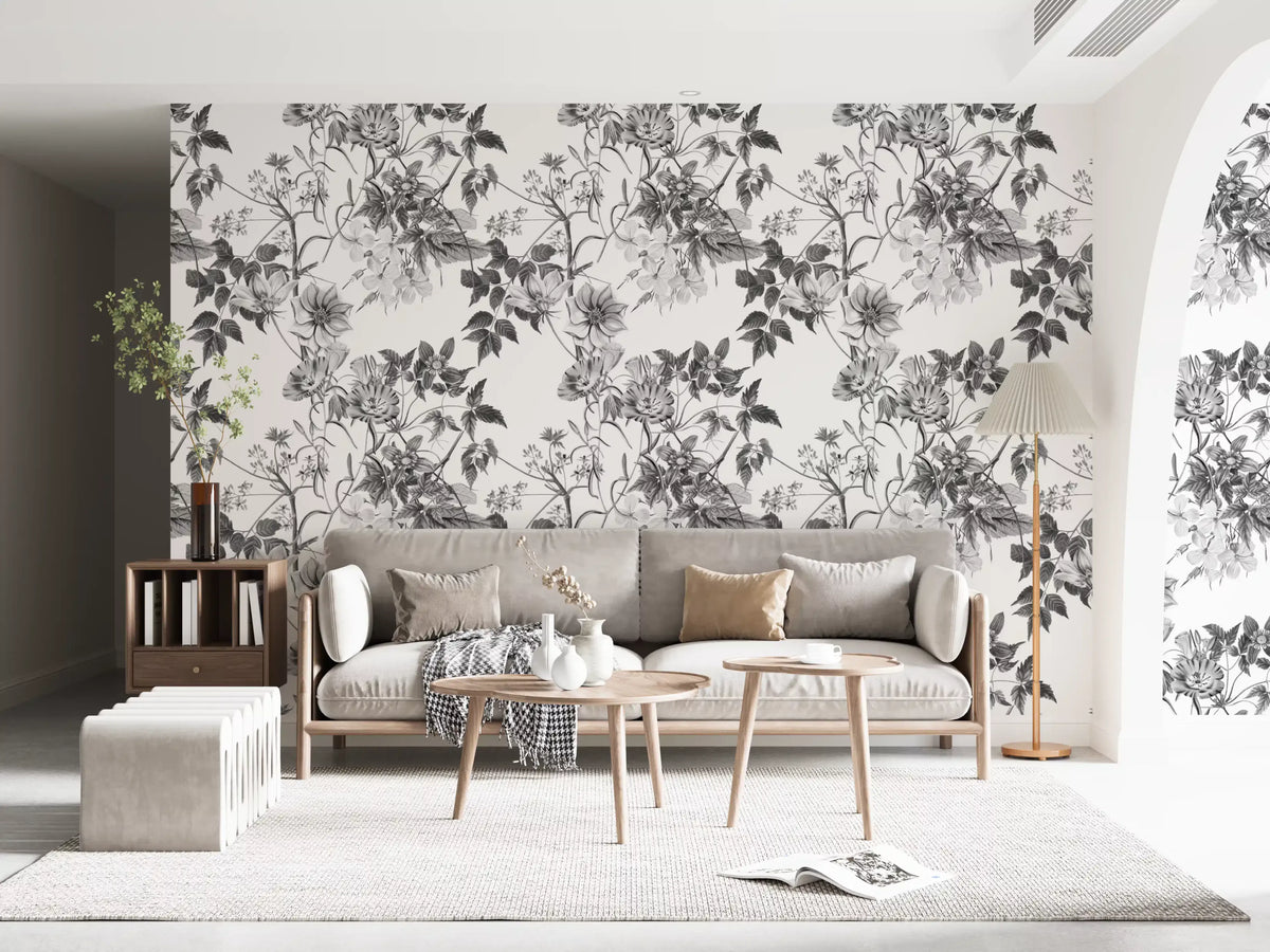 Botanical Print Wallpaper - Monochrome Floral Style