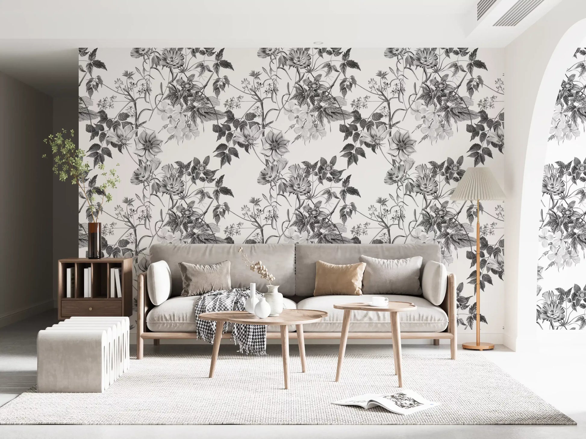 Living room Botanical Prints wallpaper with white base and grey leaves
