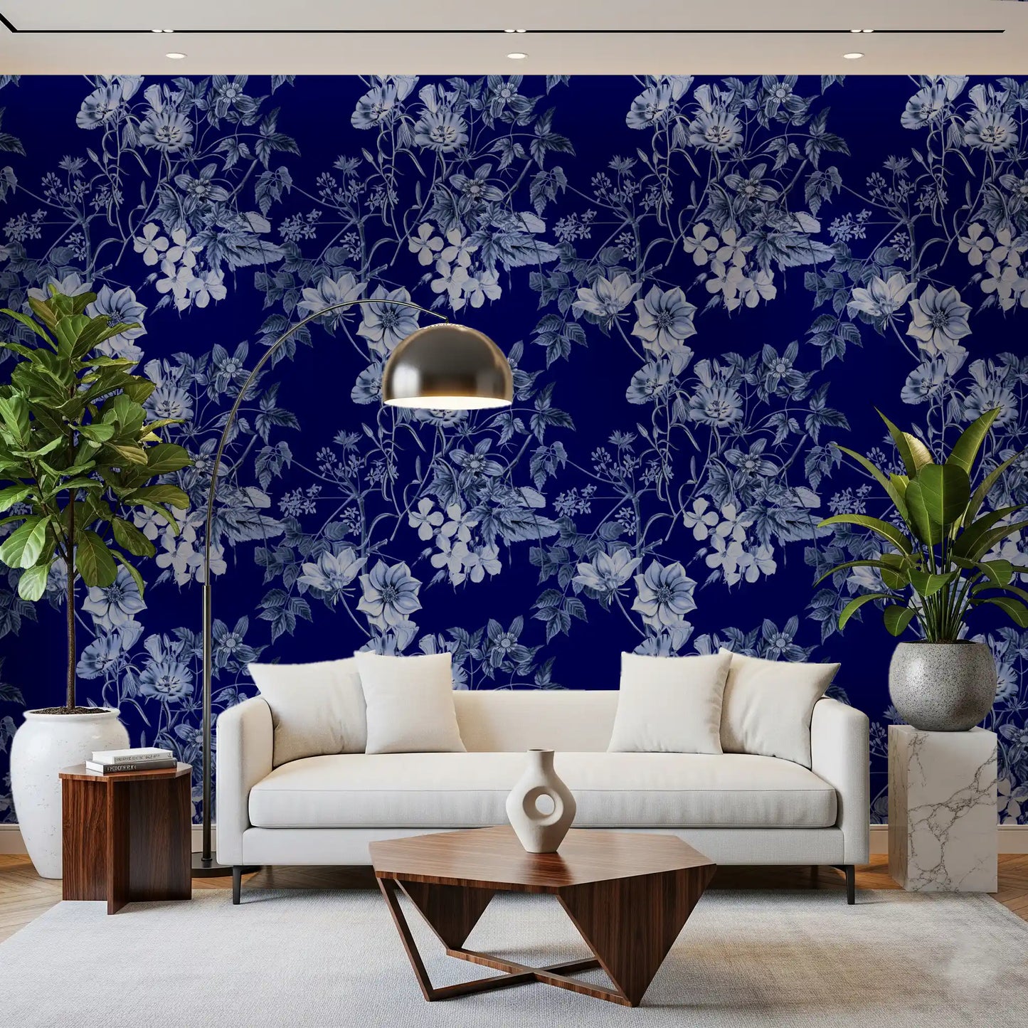 Hallway Flower Prints wallpaper with midnight blue botanical artwork