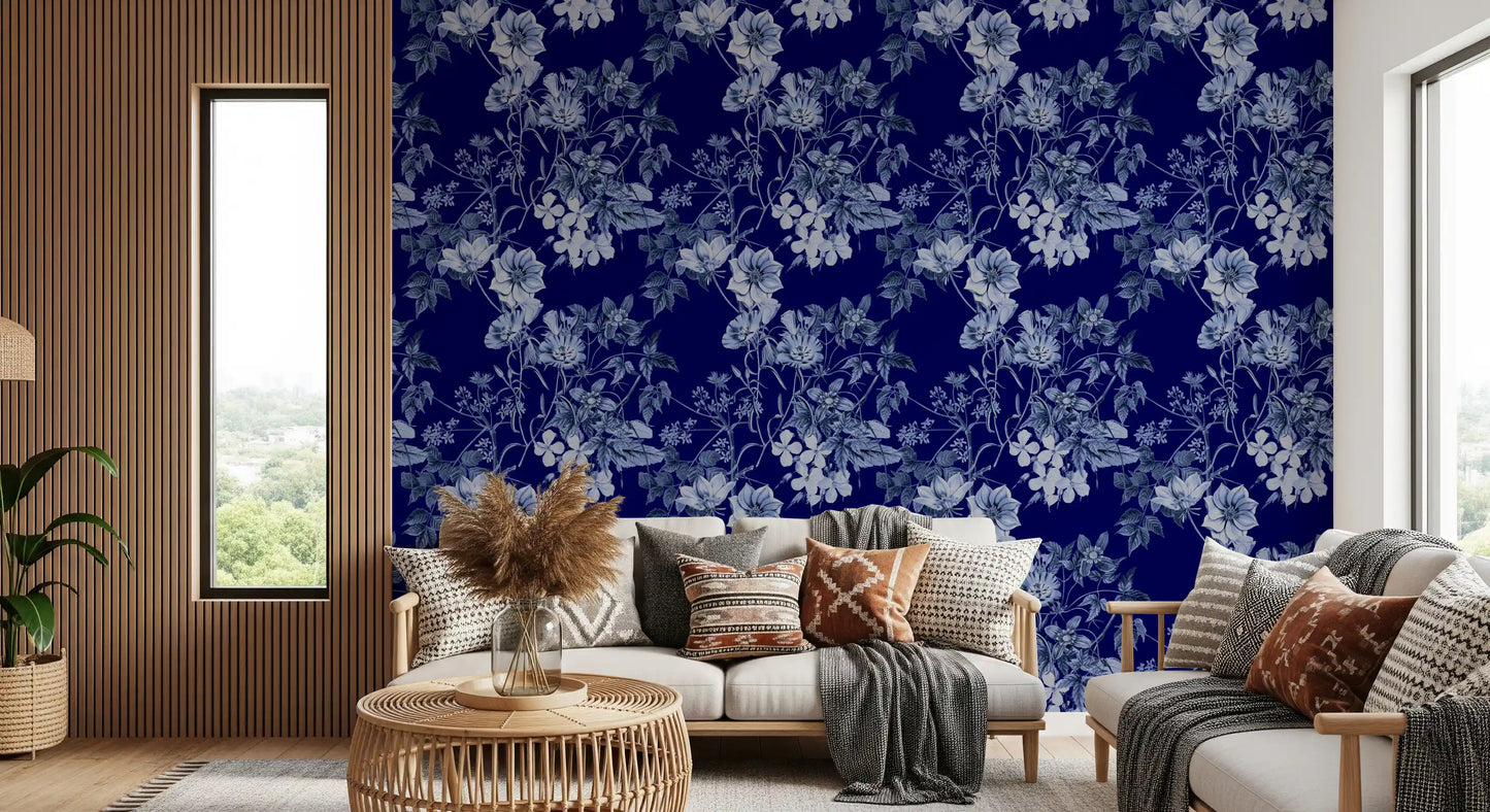 Dark floral wallpaper showing Flower Prints artwork on midnight base