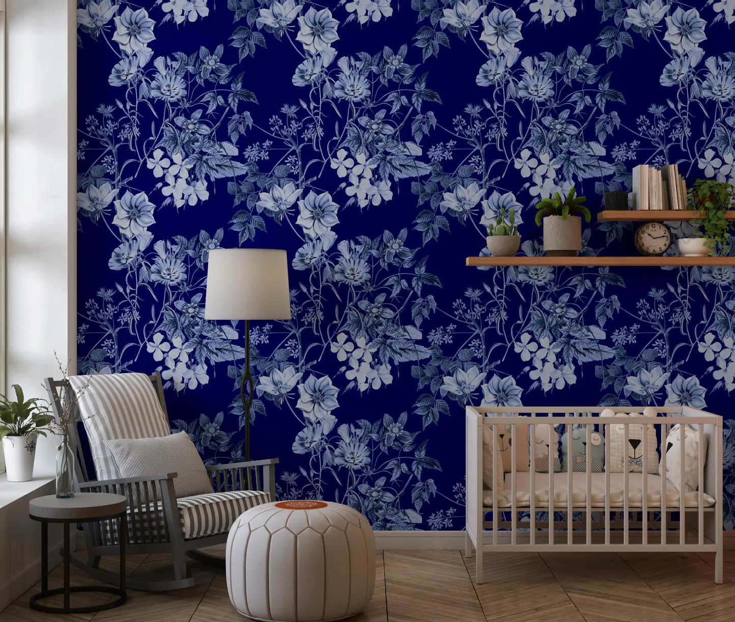 Leafy botanical wallpaper with Midnight Flower design in blue tones