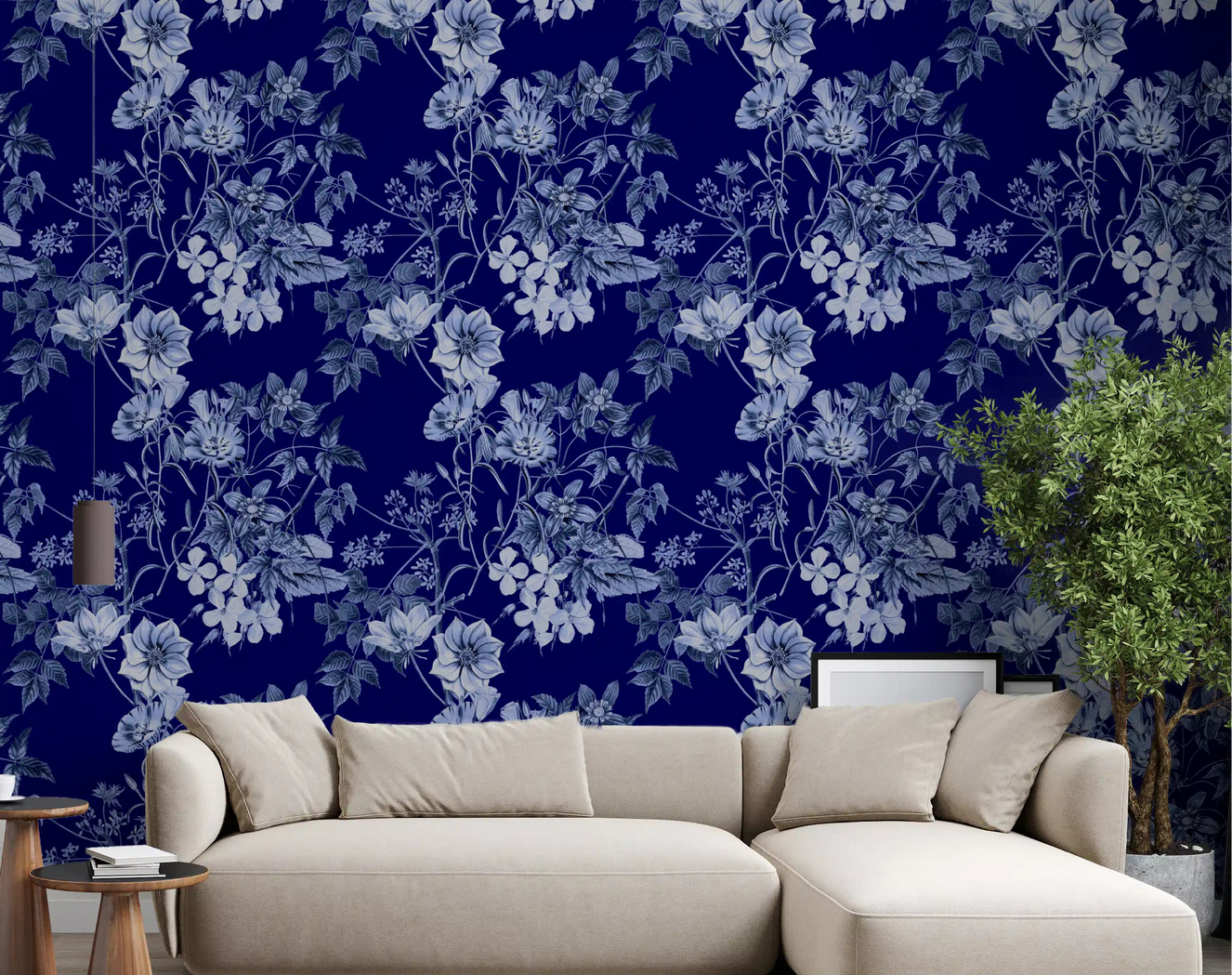 Deep blue wallpaper with Midnight Flower Prints floral vine pattern