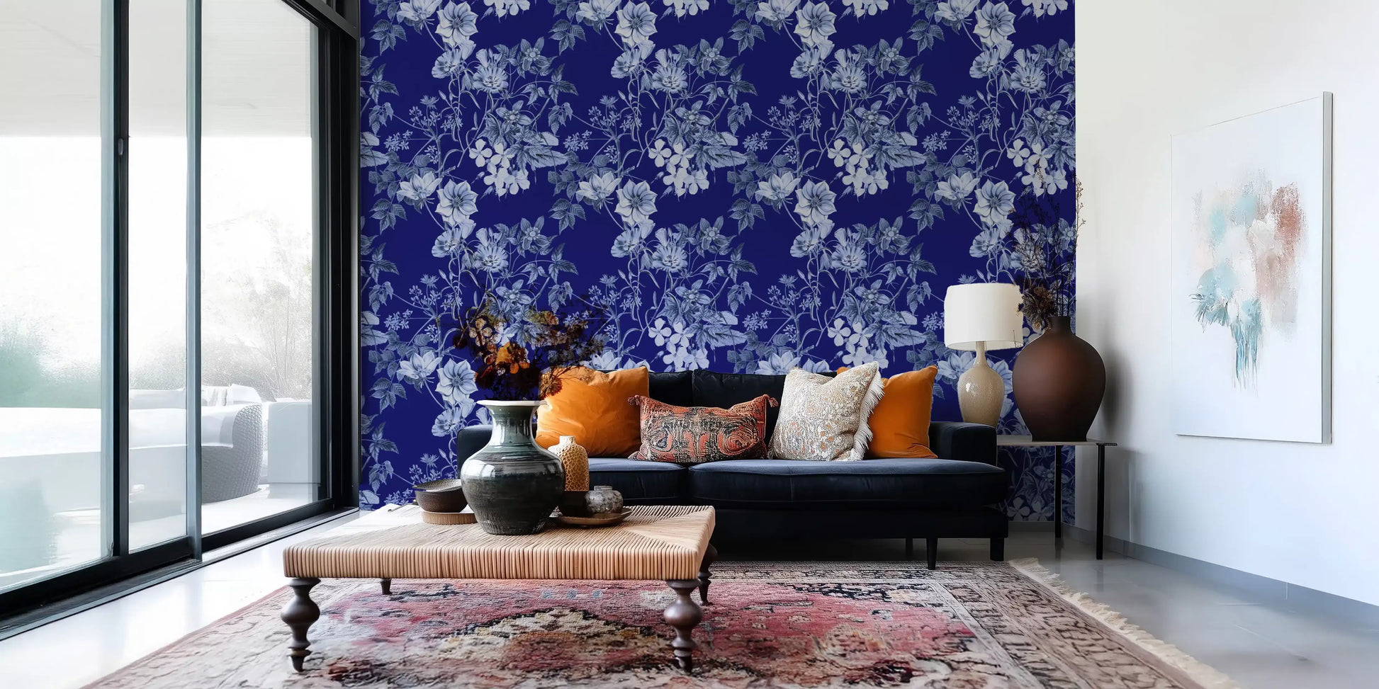 Botanical blue wallpaper featuring Midnight Flower blooms and leaves