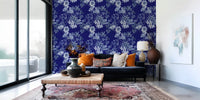 Botanical blue wallpaper featuring Midnight Flower blooms and leaves