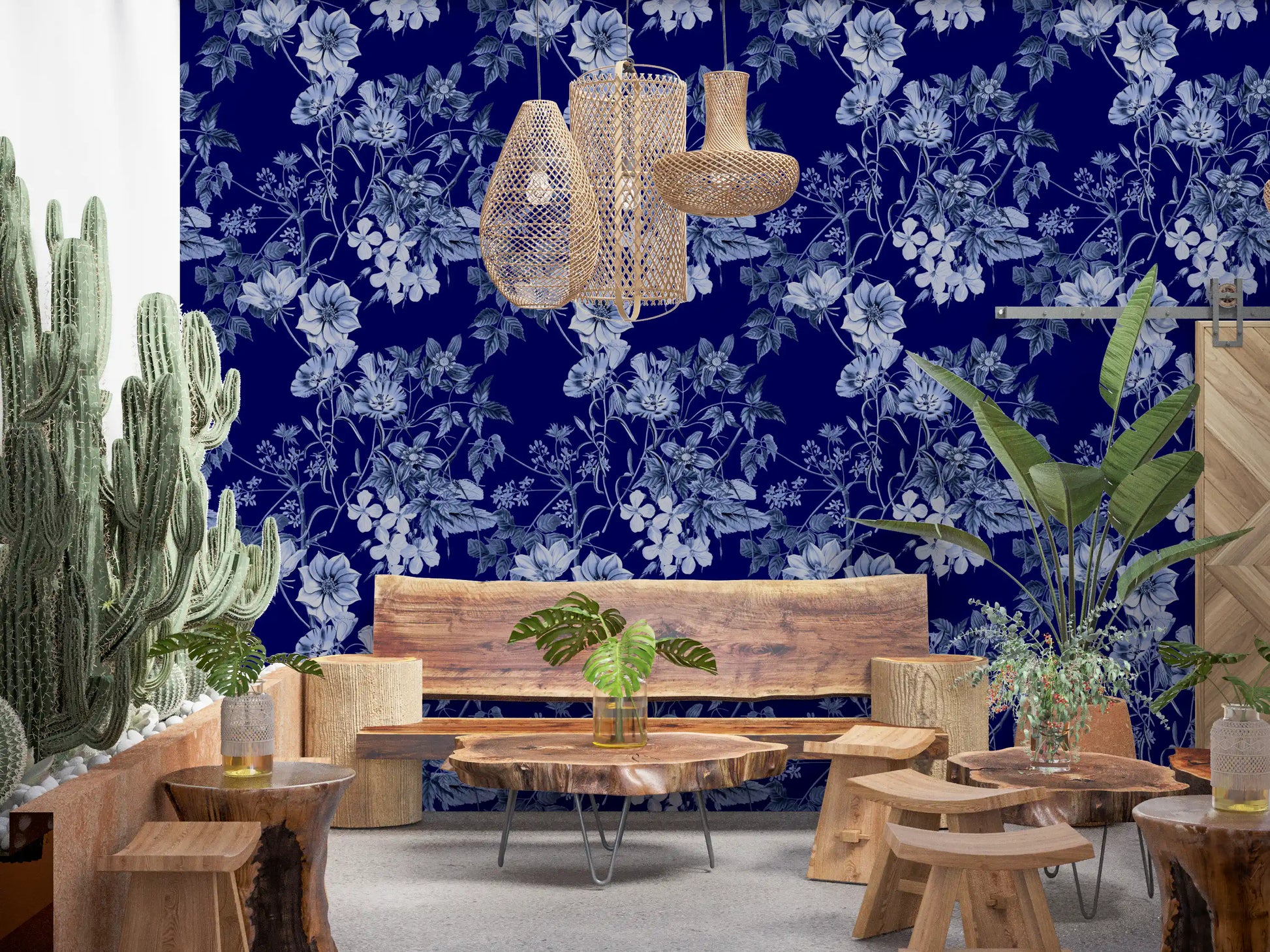 Cafe area Midnight Flower wallpaper showing blue blooms and leafy stems