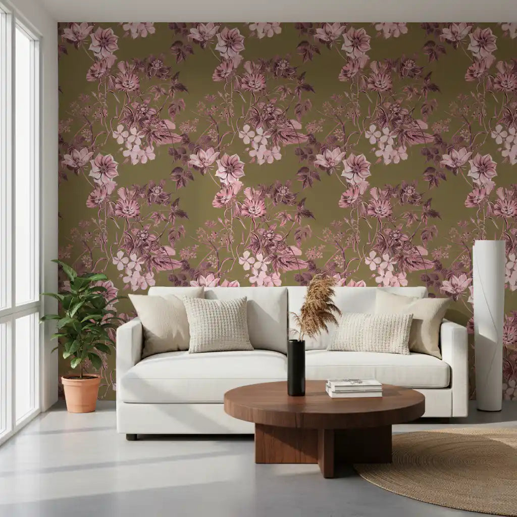 Muted olive wallpaper with Rose Olive floral detailing and stems
