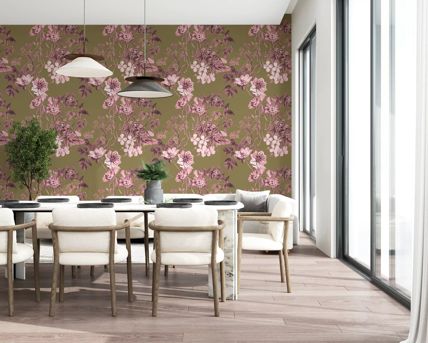 Dining room styled in Heirloom Flowers Rose Olive wallpaper with vine detail