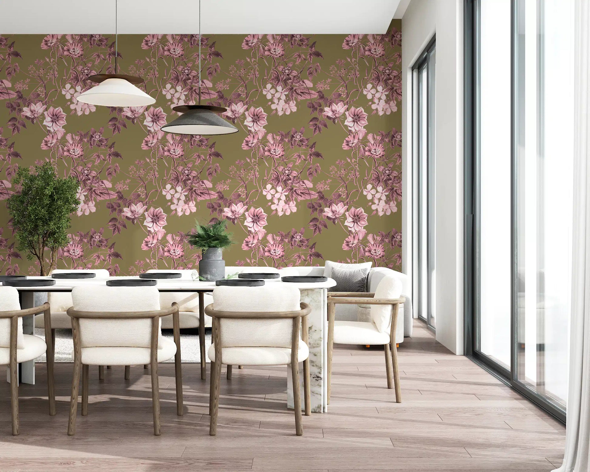 Dining room styled in Heirloom Flowers Rose Olive wallpaper with vine detail