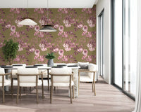 Dining room styled in Heirloom Flowers Rose Olive wallpaper with vine detail