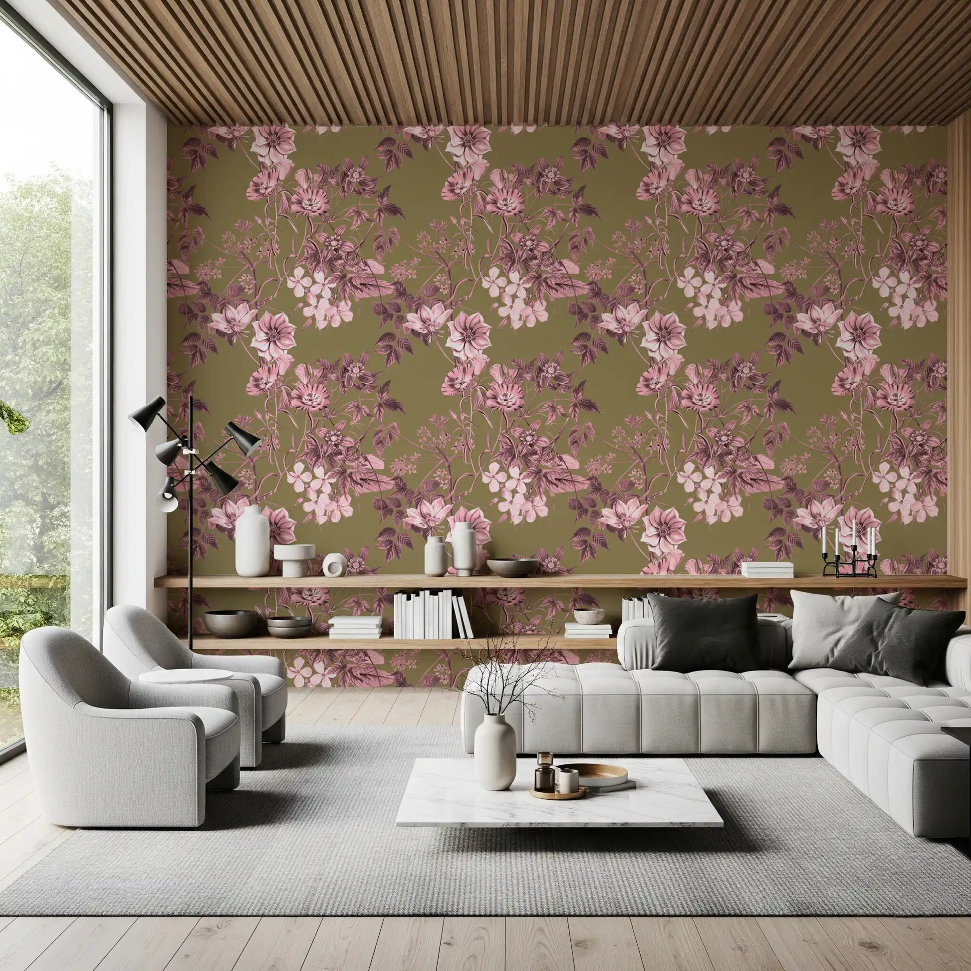 Hallway wall carries Heirloom Flowers wallpaper on olive background