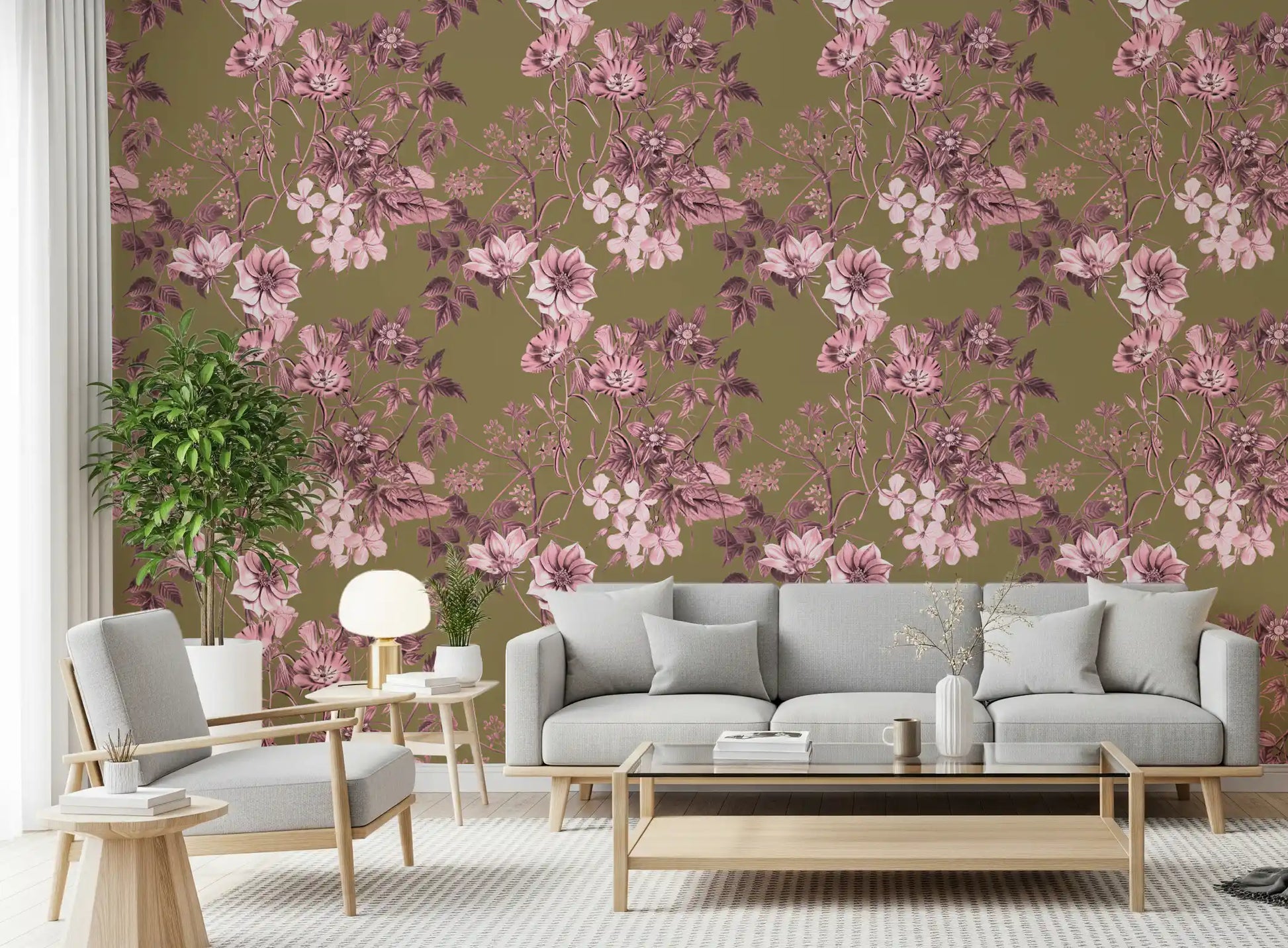 Office Home wall finished in Rose Olive wallpaper with botanical artwork