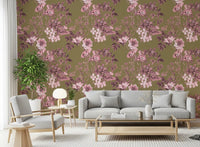 Office Home wall finished in Rose Olive wallpaper with botanical artwork