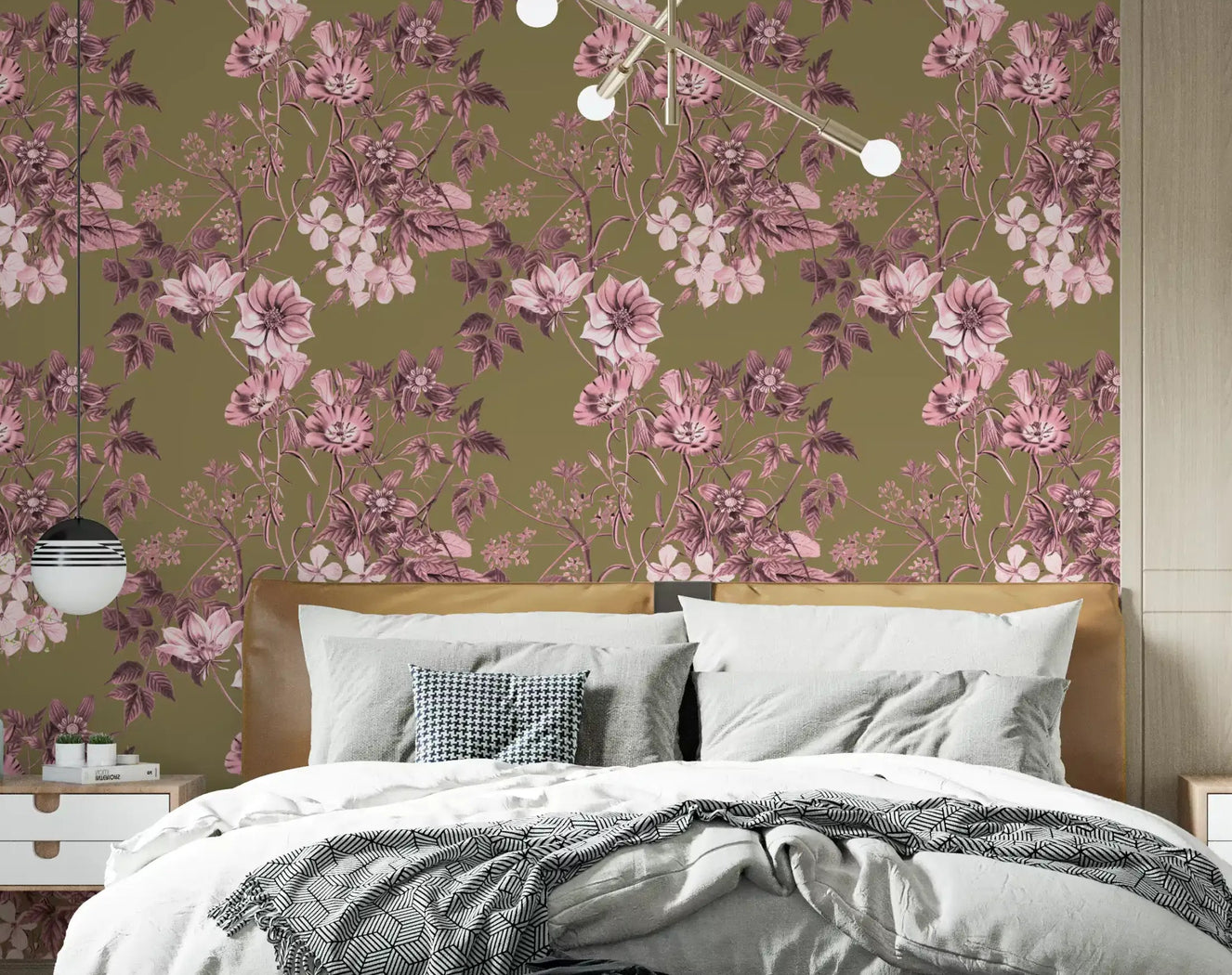 Bedroom interior shows Rose Olive Heirloom wallpaper with floral stems