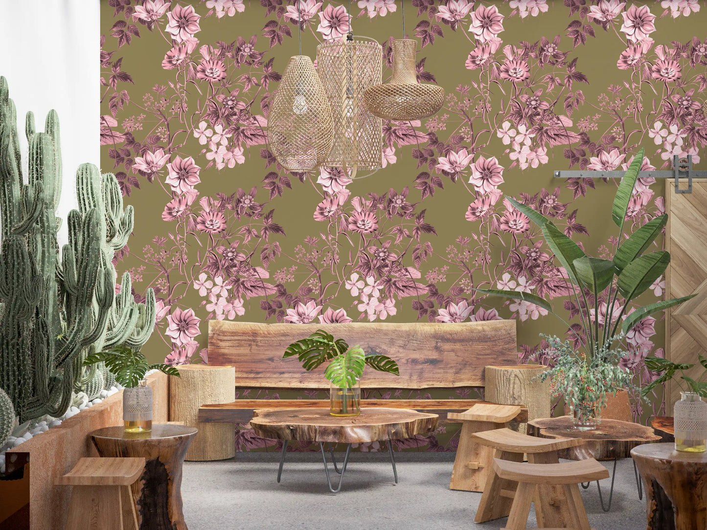 Cafe area setup using Heirloom Rose Olive wallpaper with soft blooms