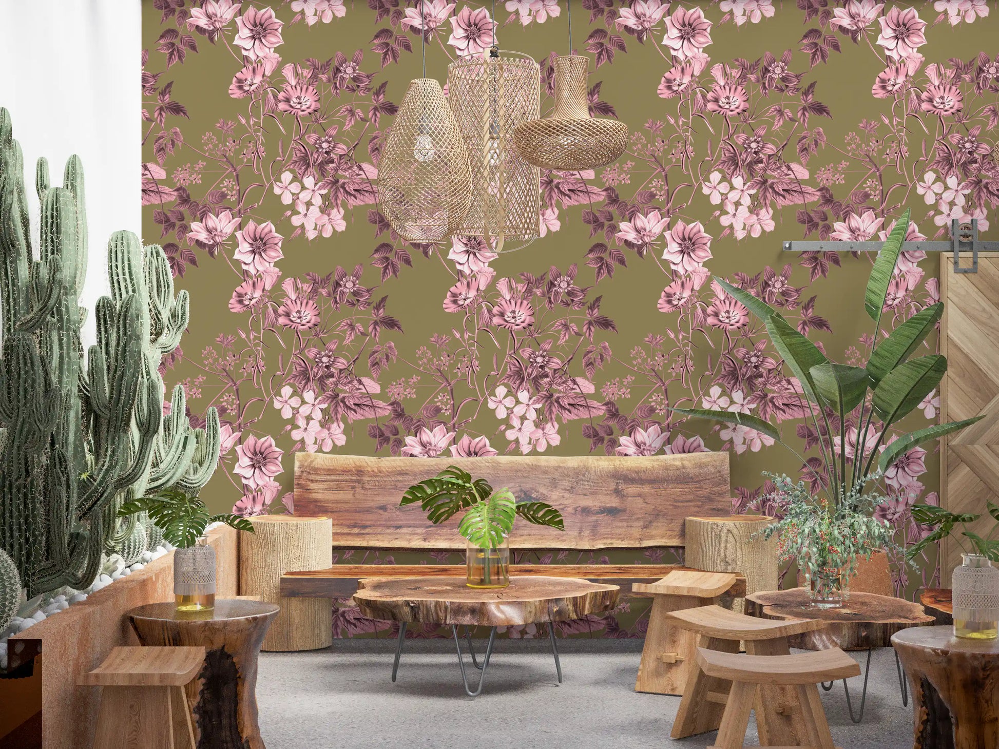 Cafe area setup using Heirloom Rose Olive wallpaper with soft blooms